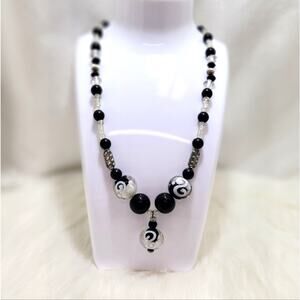 Elegant Black, White & Silver Glass Beaded Necklace - Timeless Sophistication
